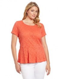 Vince Camuto Women's Plus Size Cap Sleeve Peplum Lace Top, Papaya, 1X