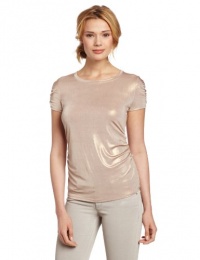 Vince Camuto Women's Cap Slv Rouched Foil Scoop Neck Top, Gold Luster, Large