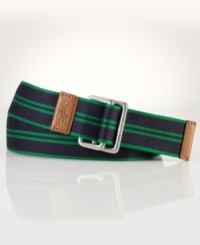 Ralph Lauren's iconic pony accents the leather tip of this sporty striped belt for a preppy finish.