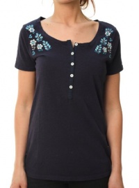 Lucky Brand Women's Embroidered Half Button Down SS Blouse Navy Blue