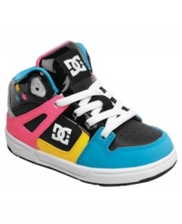 Bright colorful blocking on these Rebound sneakers from DC Shoes add a splash of sweet style to her look.