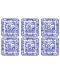 With a quaint country scene and the Imari Oriental border of Spode's Blue Italian dinnerware, these casual cork-back coasters lend distinct old-world charm to traditional tables.