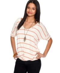 More than ordinary, a twisted detail at the hem adds unexpected edge to this Bar III striped top -- perfect for a casual-cool look!