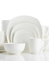 The smooth body and luxurious glaze of this Boulder Creek set proves white is the easiest way to achieve modern elegance at your table using this Gorham dinnerware. The dishes are simple round and gently squared pieces in durable bone china that transition beautifully from hurried weekday breakfasts to your most elaborate dinner parties.