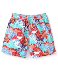 Everything from teddy bears and palm trees to winter deer and snowflakes adorns these vibrant swim trunks from Vilebrequin, an energetic and athletic design from the renowned swimwear brand.