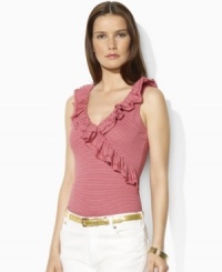 A flourish of ruffles along the neckline lends feminine appeal to Lauren Jeans Co.'s faux-wrap sleeveless top in soft cotton jersey.