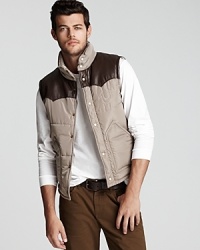 A unique vest with Western-style contrast yokes on the front and back invigorates your look with designer flair. A modern twist on outerwear from True Religion.