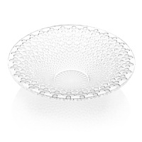 This generously sized bowl from Lalique is hand crafted of sparkling crystal in a repeating clover pattern adapted from Venetian architecture.