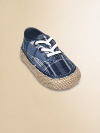 This bright plaid design has a lace-up look but slips on with ease, plus rustic espadrille-look trim.Cotton canvas upperFaux lace-up front with elastic lacesLeather liningLeather sole with jute trimImported