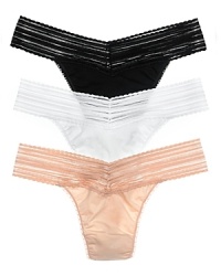 An essential thong with a great shape to flatter any body. The original thong has a beautiful sheer striped lace waistband and lace trim at legs in basic colors. Cotton gusset. Style #891184