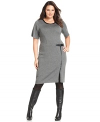 Wow them at work in Design 365's plus size sweater dress, accented by faux leather trim.