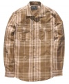 An over-sized light plaid seems to dissolve into deep blues, taking the typical plaid up a notch in this Charred Plaid long-sleeved shirt from Marc Ecko.