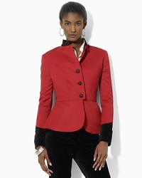 Crested metal buttons lend rich heritage style to this chic jacket, crafted for a traditional military look in sleek stretch wool tricotine with lush velvet accents.