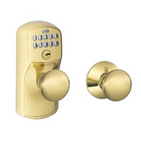 Schlage FE575 PLY 505 PLY Plymouth Keypad Entry with Auto-Lock and Plymouth Knobs, Bright Brass