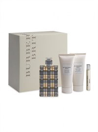 Burberry Brit for Women epitomizes modern day British style. Classic, fresh and feminine, it is a timeless scent with a spirited attitude. Experience Burberry Brit for Women with this Gift Set that includes a 3.3 oz. Eau de Parfum Spray, 3.3 oz. Energizing Body Lotion, 3.3 oz. Refreshing Shower Gel and 0.25 oz. travel-size Purse Spray in a gift-ready box. 