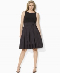 Elegantly pairing sleek matte jersey at the bodice with a lustrous pleated taffeta skirt, this Lauren by Ralph Lauren dress is finished with a chic scoop neckline and self-tie taffeta sash at the waist for stunning style.