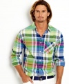 Brash casual. Pair this colorful plaid shirt from Nautica with a fresh pair of chinos for a standout style.