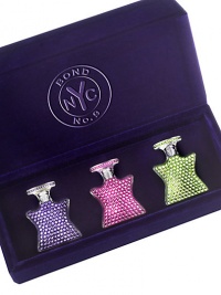 Three of the most sought-after Bond No. 9 best-sellers--the Scent of Peace, Chelsea Flowers, and Central Park West are covered in sparkling Swarovski stones and united, like the perfume VIPs they are, in mini-sizes of our signature superstar bottle. Outfitted in their own purple velvet coffret with fold-over cover. 0.17 mL. each. Made in USA. 