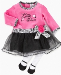 For your little diva in training is this super adorable and fancy bodysuit with skirt and leggings by Baby Essentials.