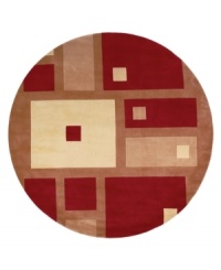 This round rug is ideal for open spaces. A striking cubistic design in red, ivory and creme creates an abstract rug with modern style and refined elegance. Hand-tufted and hand-carved of plush wool.