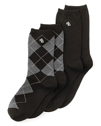 Classic argyle and solid cotton trouser socks with Lauren by Ralph Lauren logo embroidered at side ankle. Style #33580PK