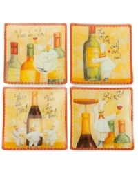 Wish you were there. Vive Le Vie plates will play and plate up a great meal with greetings from France, bottles of wine and silly illustrations of exuberant French chefs in vividly printed glass. From Prima Designs.