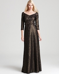 David Meister's sophisticated lace gown lends subtle sparkle in metallic lace.