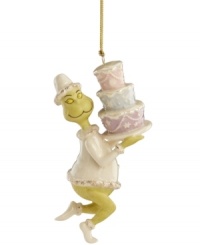 Everyone's favorite thief, the Grinch, is sneakily stealing cakes with a big smile on his face in this ornament from Lenox. Feature porcelain with gold sparkle accents and gold hanging thread.