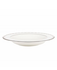 Sturdy bone china draped in a delicate platinum garland makes the Iced Pirouette rim soup bowl by Lenox a flawless go-to for formal dining.