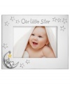 Let him shine. Cherish special moments in the Best Wishes Our Little Star picture frame, featuring polished silver plate with an embossed bear in the moon and dangling star. A cute gift for new parents, from Lenox.