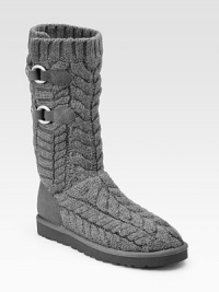 Twisted cotton cable-knit with a ribbed cuff, backed by a velvety suede heel. Shaft, 11Leg circumference, 13Cable-knit cotton and suede upperSide snaps and metal ring closuresShearling sock linerFoam solePadded insoleImported