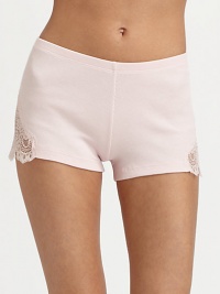 Side intricate lace detailing is an unexpected surprise on these super-soft shorts made of a fine pima cotton-blend. Narrow elastic waistbandSide lace detailingInseam, about 9½45% modal/45% cotton/8% nylon/2% elastaneHand washMade in Italy