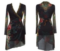 Michal Negrin Long Sleeves Black Wrap Cardigan Crafted with Victorian Roses Pattern, Pleating, Merrow Edge Finish, Asymmetrical Hemline, Metallic Lace and Velvet Trim - Size M