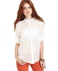 Chic and sheer, this button-down top from American Rag features roll tab sleeves and loads of clean-cut style!