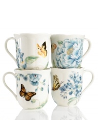 Now in bloom. Butterfly Meadow Blue mugs from Lenox feature the sturdy, scalloped porcelain of original Butterfly Meadow dinnerware but with oversized roses and other new blossoms in shades of blue. With four unique patterns.