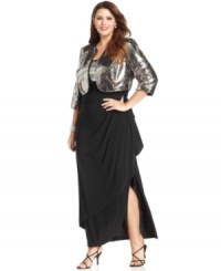 Alex Evenings' plus size gown is perfected by a matching sequined jacket and its flattering fit.