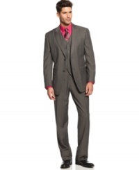 Muted charcoal on this Sean John 3-piece suit provides the freedom to play with color underneath for an eye-popping look sure to catch anyone's eye.