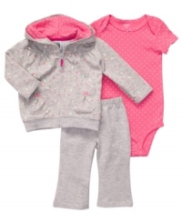 Watch her smile blossom when she's in this comfortable and cute bodysuit, hoodie and pant 3-piece set from Carter's.