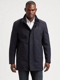 Incorporate this mid length wool-blend coat into your wardrobe of suiting separates and casual staples; Accented with leather trim, removable genuine shearling collar and a covered front button placket for a streamlined silhouette.Zip frontSide slash pocketsRear ventFully linedAbout 32 from shoulder to hem80% wool/20% polyamideDry cleanImported of Italian fabricFur origin: Portugal