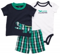 Carters Boys 3-12 Months 3 Piece Plaid Alligator Short Set