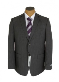 DKNY Mens 2 Button Flat Front Dark Gray Stripe Trim Fit Wool Suit