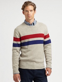 Multicolored, double stripes are a smart, sophisticated approach to patriotic-inspired style. .CrewneckRibbed knit collar, cuffs and hem60% cotton/30% polyamide/10% woolDry cleanImported