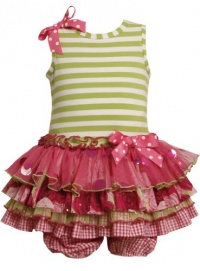 Size-6/9M, Green, BNJ-8036R, 2-Piece Striped Knit to Multi Tiered Mix-Print Drop Waist Dress, Bonnie Jean Baby-Newborn Special Occasion Flower Girl Party Dress