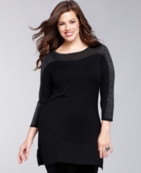 You've never seen a tunic quite like this before: INC's plus size sweater features sparkling metallic knit insets in front and in back -- and on the sleeves, too!