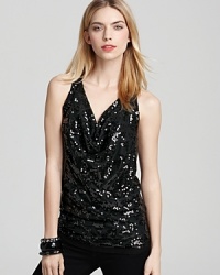 Add shimmery luxe to your favorite jeans with this sequin-bedecked GUESS top, flaunting an elegantly draped cowlneck.