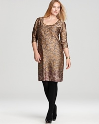 A sleek metallic print adds rebellious edge to a sophisticated Melissa Masse Plus sheath dress.