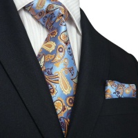 Landisun 81K Blue Yellow Brown Paisley Men Silk Tie Set: Tie+Hanky &Plastic Hook