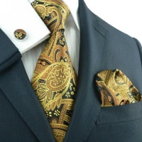 Landisun 651 Gold Black Paisleys Mens Silk Tie Set: Tie+Hanky+Cufflinks