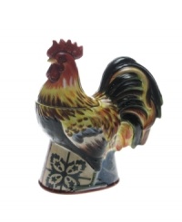 There's no better accessory for country kitchens than the Lille Rooster cookie jar. The colorful farm bird ruffles feathers, topping out at over a foot tall. From Certified International serveware.