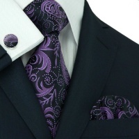 Landisun 309 Dark Purple Black Paisleys Mens Silk Tie Set: Tie+Hanky+Cufflinks